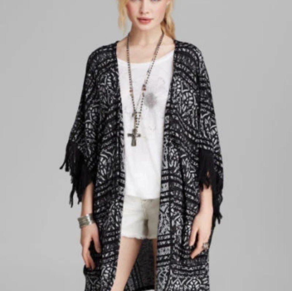 Free People Black White Tapestry Fringe Cardigan